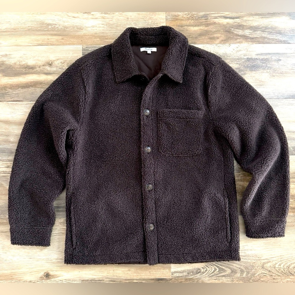 Madewell Sherpa Fleece Shirt Jacket Shacket in Dark Roast Brown